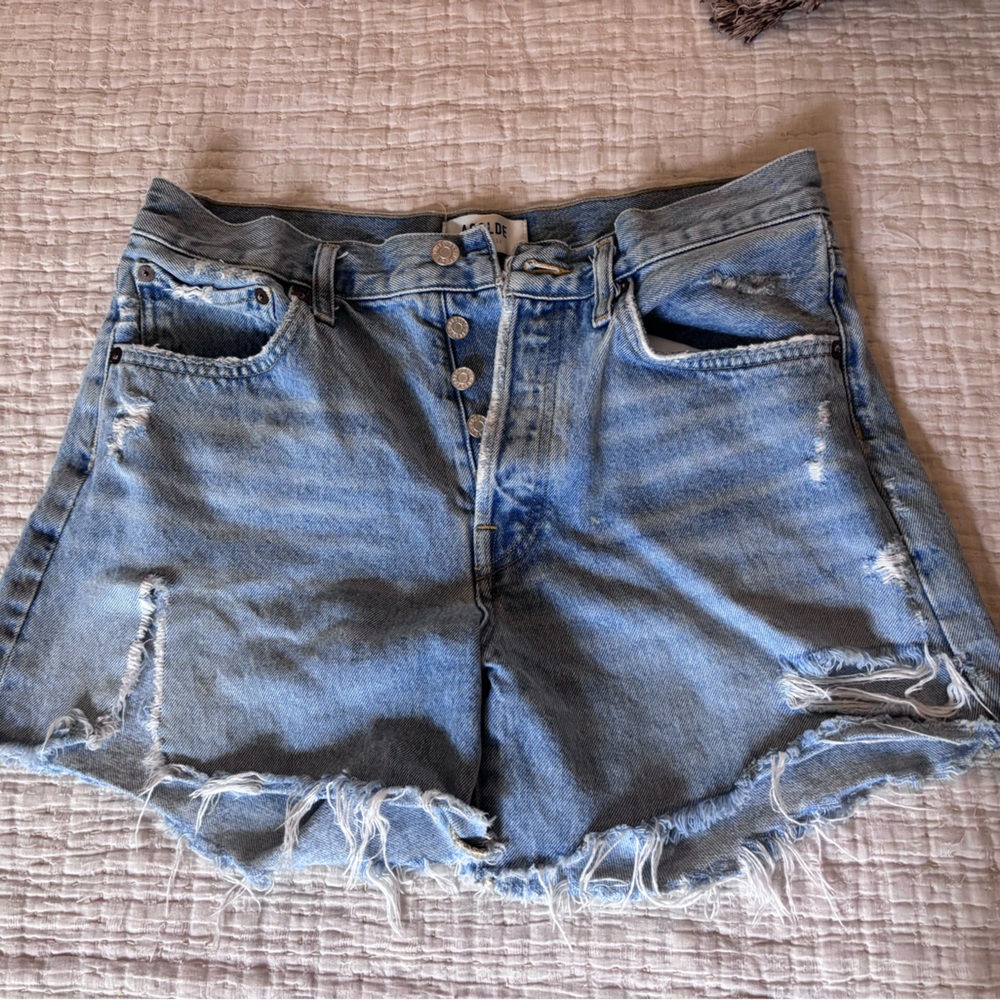 Agolde Faded Blue Frayed Jean High Rise Shorts